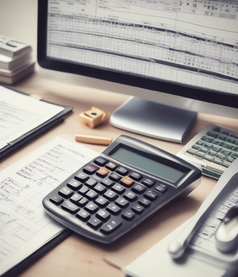 Calculatrice posée sur un bureau devant un ordinateur sur lequel est affiché des statistiques