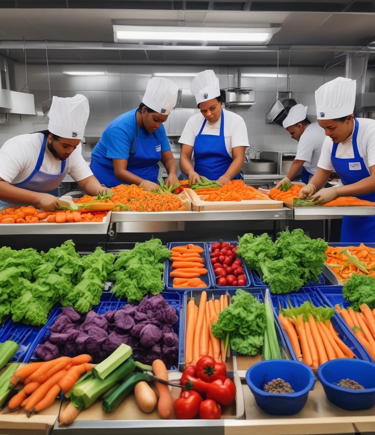 A group of people are engaged in cooking, surrounded by green plants and brick walls. Some are preparing food at a counter with pots and ingredients, while one person is operating a rotating grill. The atmosphere is casual and cooperative, with sunlight filtering through the space.