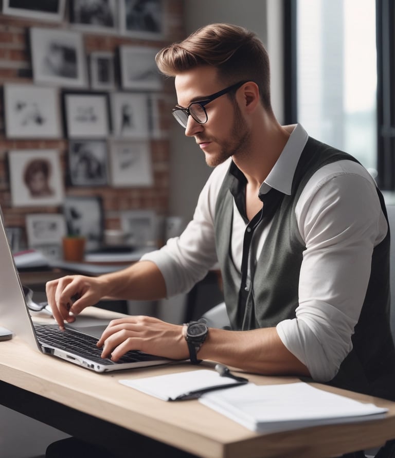 A professional working on a laptop in a modern office space.