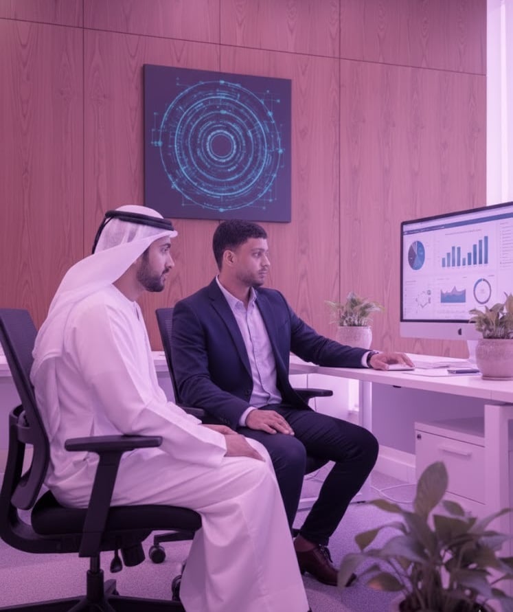 two men sitting at a desk with a computer monitor