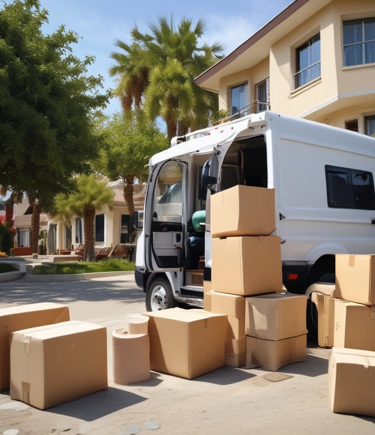A professional moving truck parked in front of a house.