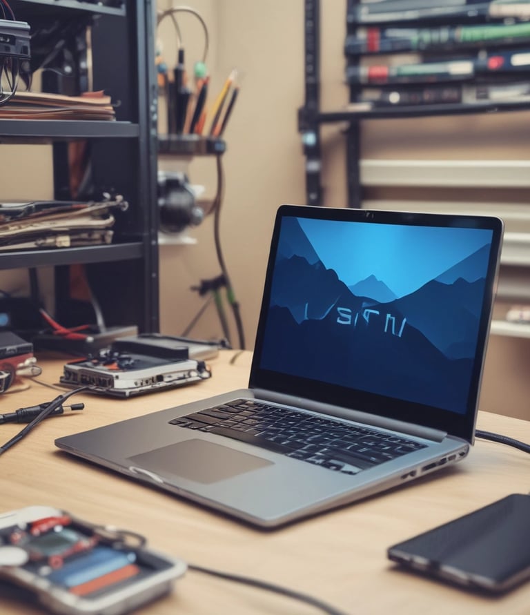 A laptop with a blank screen is positioned centrally on a dark desk, with a phone and a computer mouse nearby. The background is a blurred office setting with some indistinct furniture and lighting.