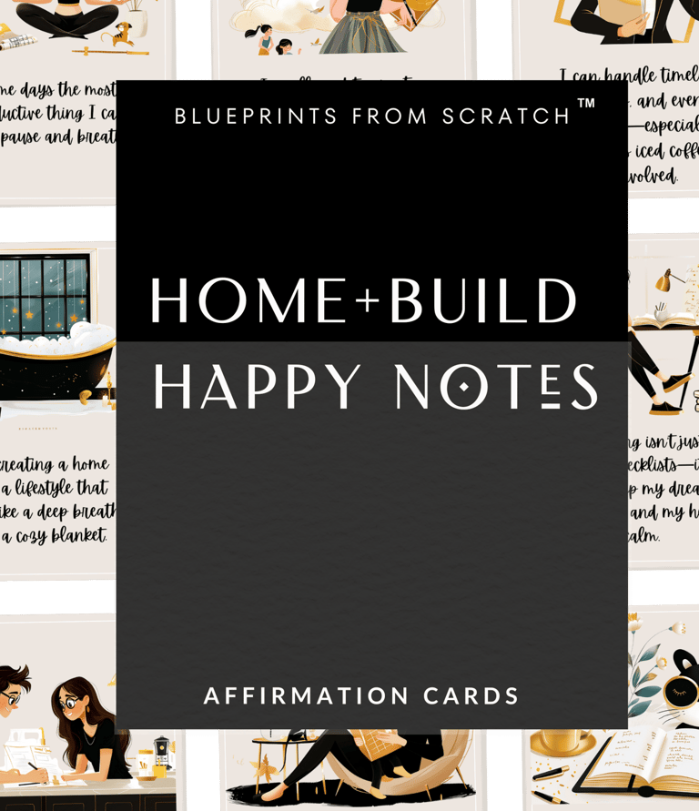 neutral colored illustrated cards with motivational messages for the home building journey