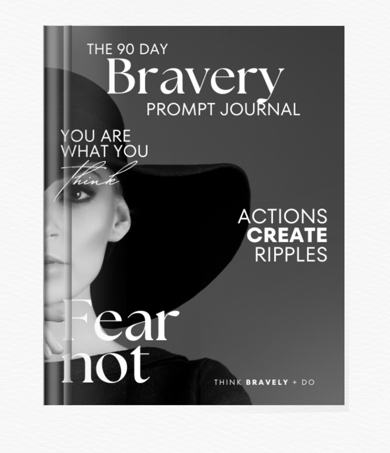 Bravery prompt journal cover with a woman in a hat, words fear not actions create ripples