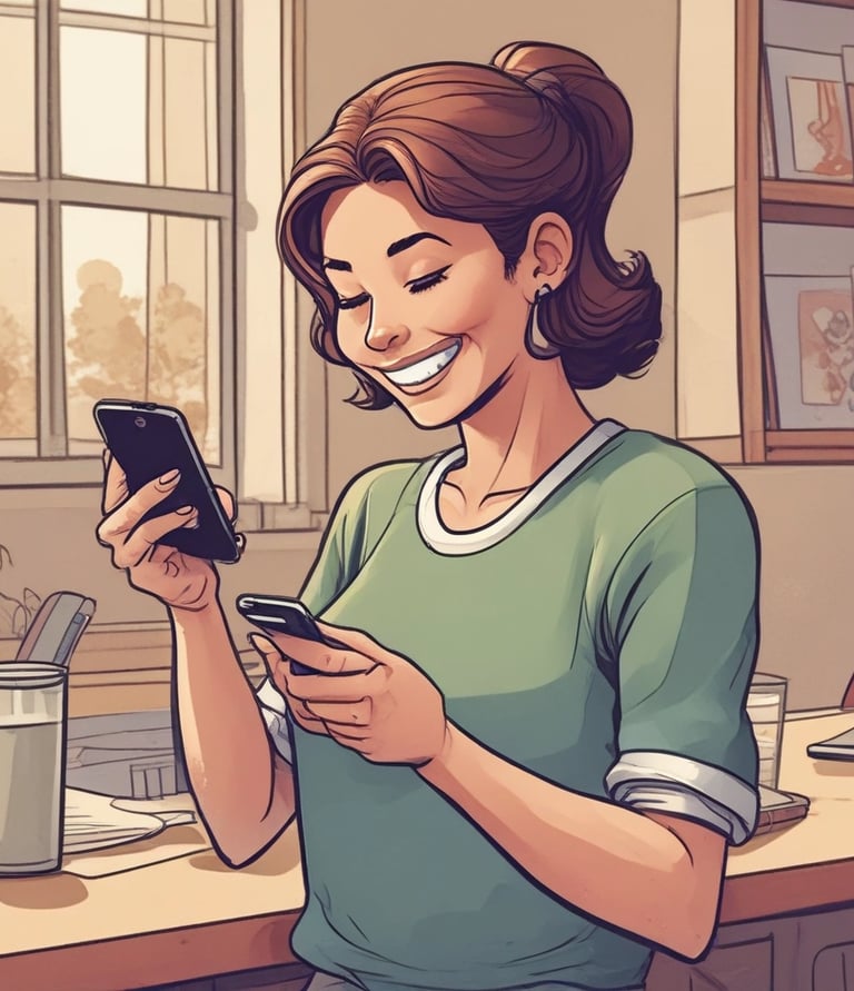 A person is holding a smartphone, engaging with an app that resembles LinkedIn. The individual is using their thumb to scroll or select on the screen. They are wearing a red top, and the background includes a light-colored couch.