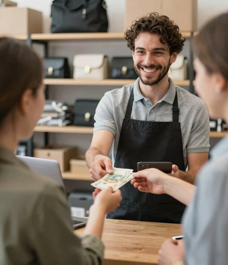 A welcoming team meeting in a modern office, collaborating over financial documents and laptops.