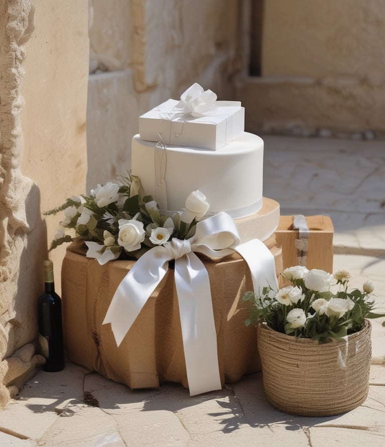 A beautifully wrapped wedding gift box adorned with olive leaves and a delicate wax fabric ribbon.