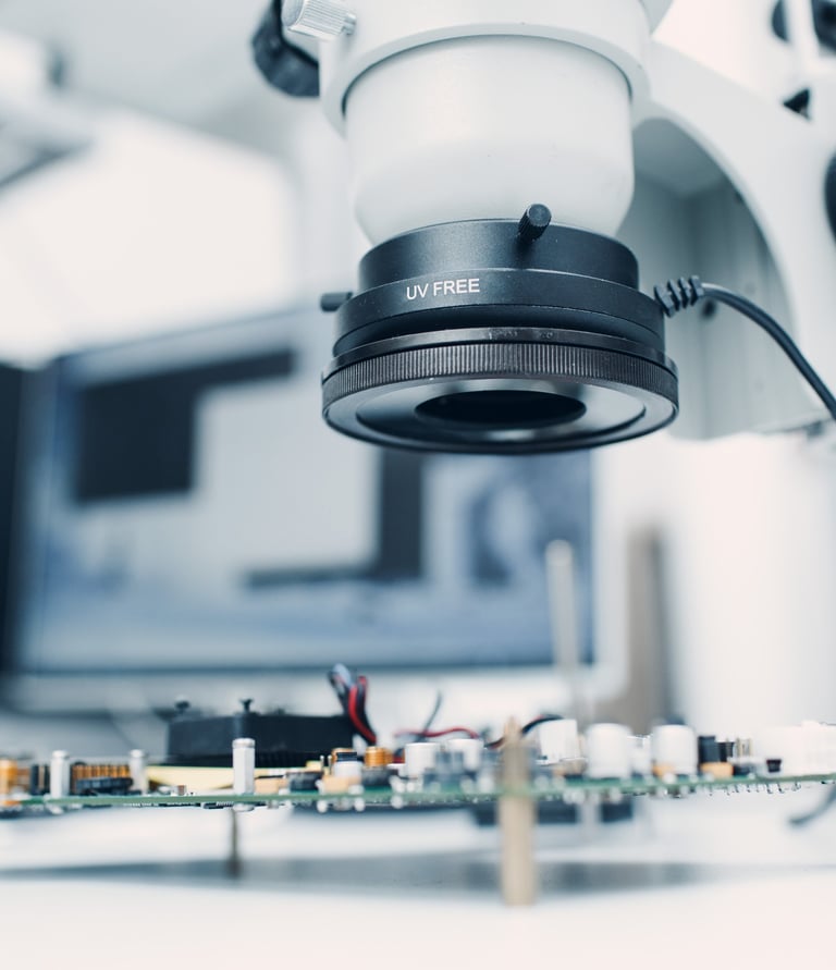 microscope inspecting PCB boards with LED ringlight for advanced inspection
