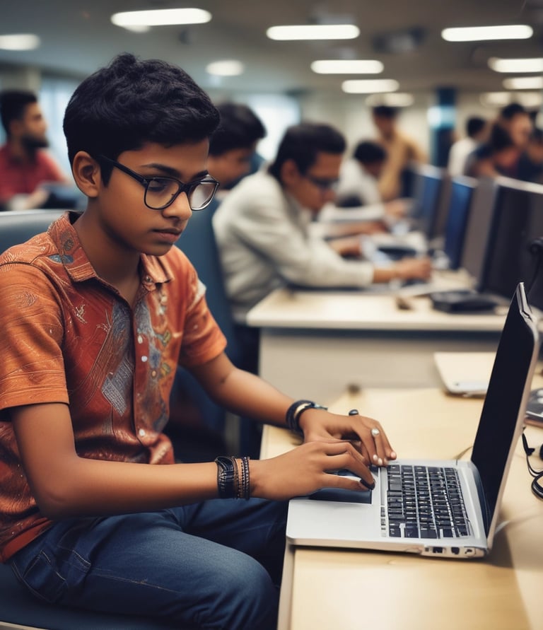 A creative team collaborating over laptops and sketches in a bright, modern office.
