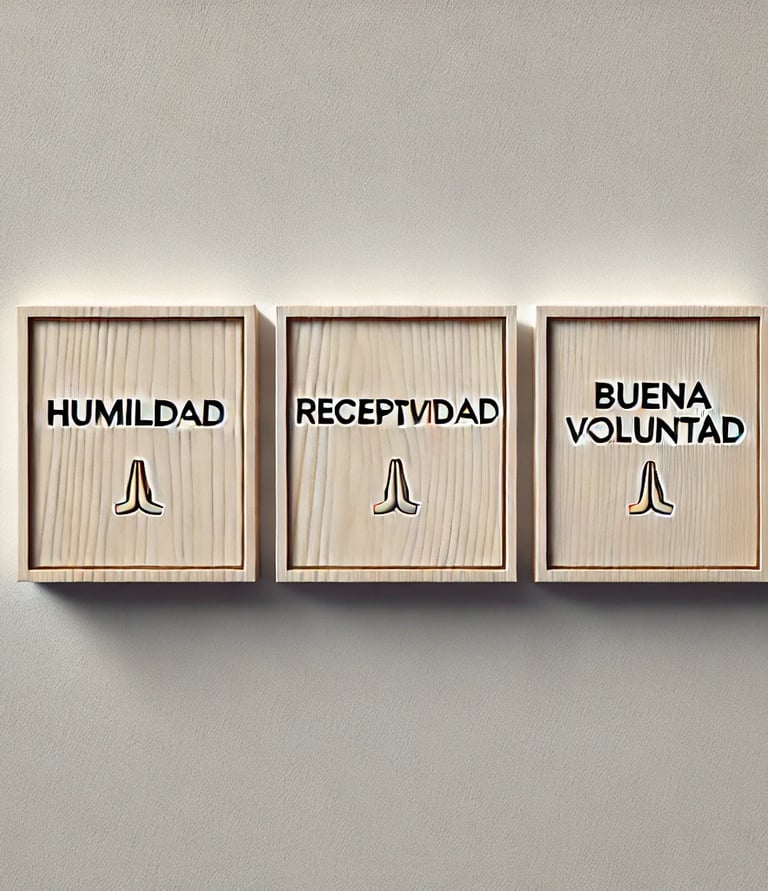 "Principios de humildad, receptividad y buena voluntad escritos en tablas de madera.
