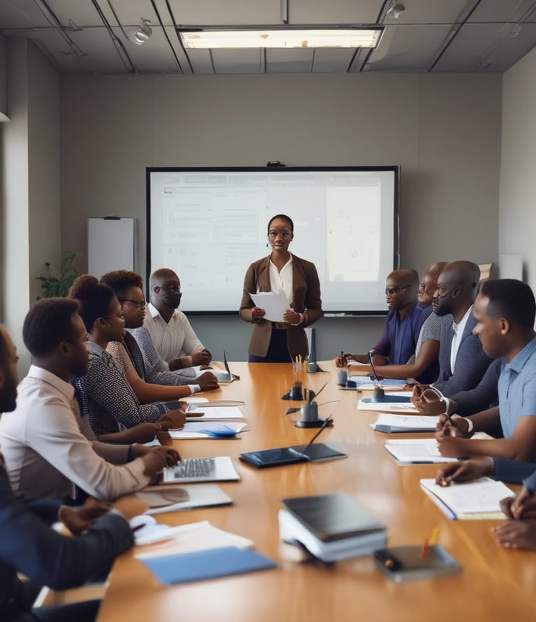 A group of people is engaged in a training session in a conference room setting. A presenter is standing and holding a sheet of paper, addressing the group seated at a round table. The attendees are actively listening, and there's a banner in the background advertising UX training. The room is well-lit, with a flipchart visible at one side.