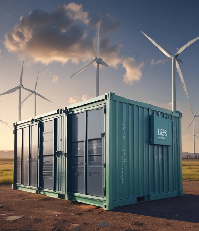 The image depicts a showroom or demonstration area showcasing various energy storage and conversion devices. Several white battery systems are stacked or aligned neatly. In the background, there is a diagram on the wall illustrating a solar energy system, including components like PV arrays, lithium batteries, inverters, and generators. A few blue battery cells are displayed on shelves to the right.