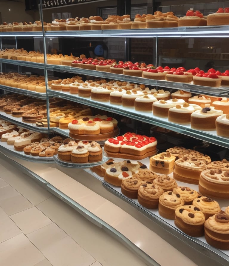 A bright, modern bakery with an assortment of pastries displayed on a wooden counter. Numerous small cream-filled pastries with decorative toppings rest on a metal tray in the foreground. Behind them are various bread and pastry items, including rolls and croissants. In the background, people are seated at tables near large windows, creating an inviting, social atmosphere. Overhead lights add to the cozy ambiance.