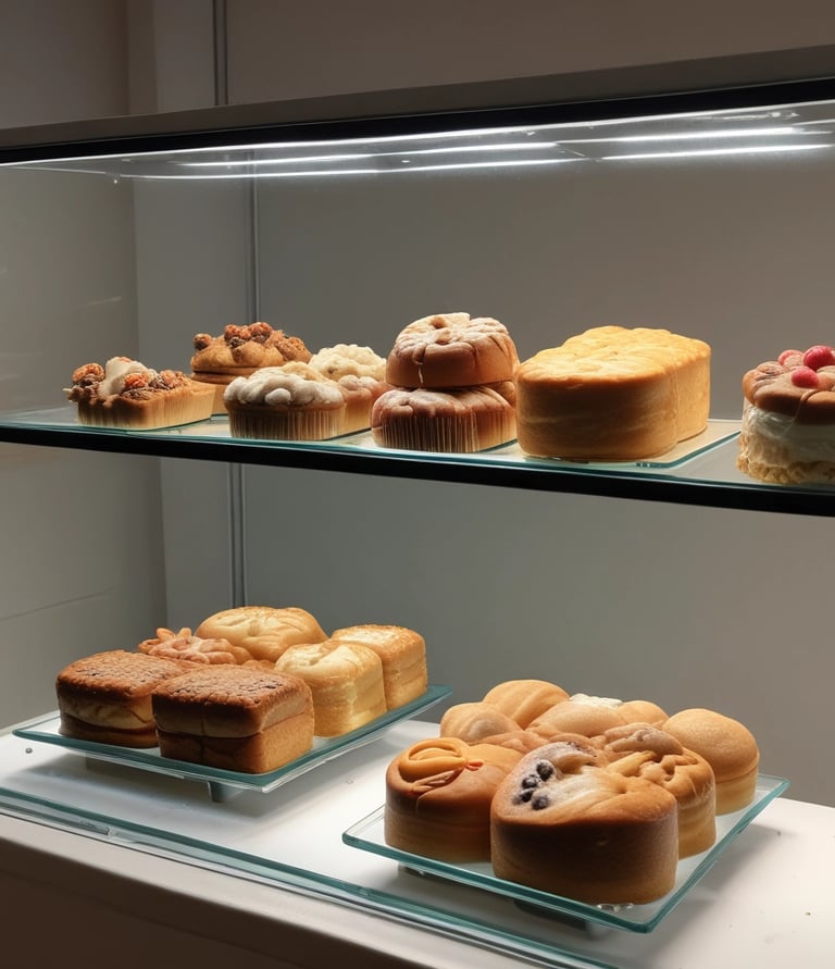 Three lemon ricotta cakes are displayed on a metallic stand under a glass dome. Each cake is topped with creamy frosting. Two additional treats are under separate glass domes: one contains almond flour peanut butter cookies stacked neatly, and another has a chocolate-coated dessert with a tag. The scene is set near a window with raindrops, and the background shows a blurred street with a parked car.