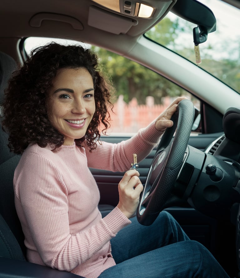 a woman in a pink sweater is sitting in a car hold a key in hand after locksmith programmed it