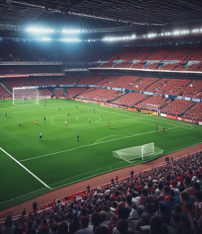 A close-up of a classic black and white football on a lush green pitch under bright stadium lights.