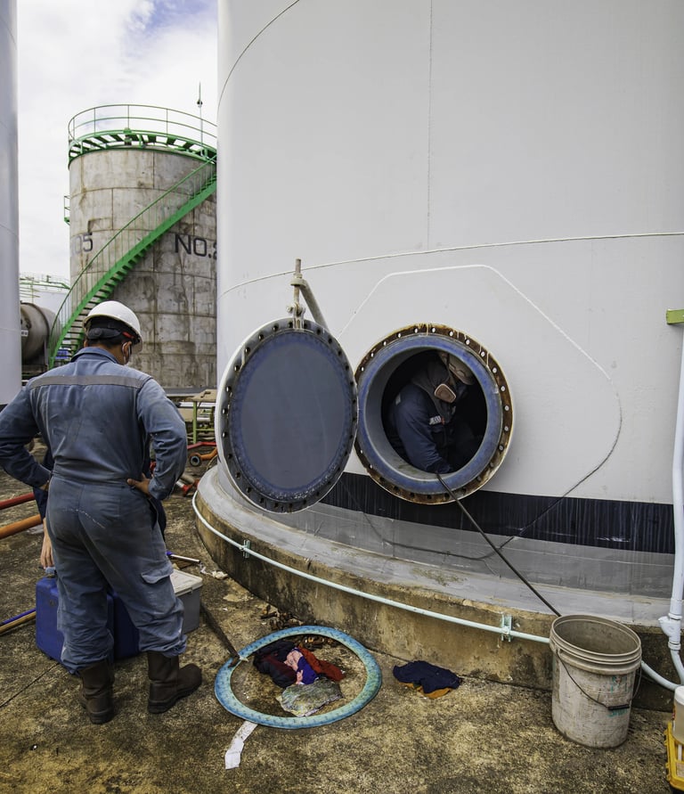 Trabajadores industriales realizando una inspección de entrada a espacio confinado en un gran tanque