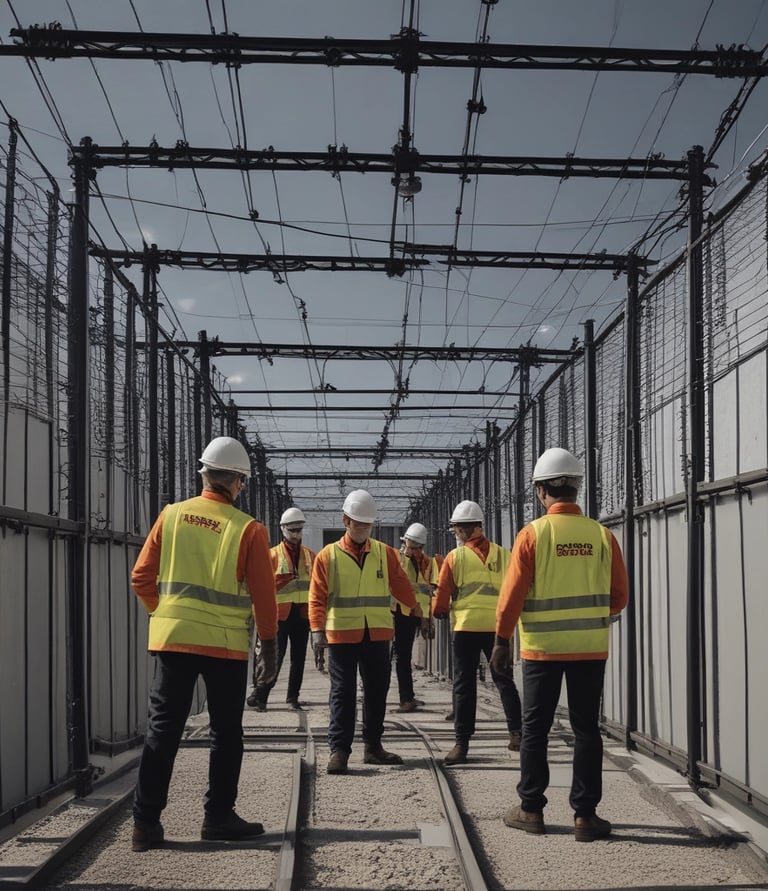 Industrial maintenance team working on heavy machinery in a factory setting.