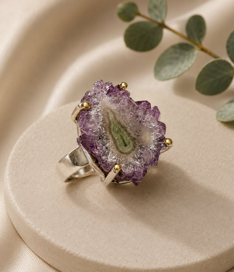 Detalle de joyería artesanal ALMIKA elaborada con piedras naturales y acabados de alta calidad.