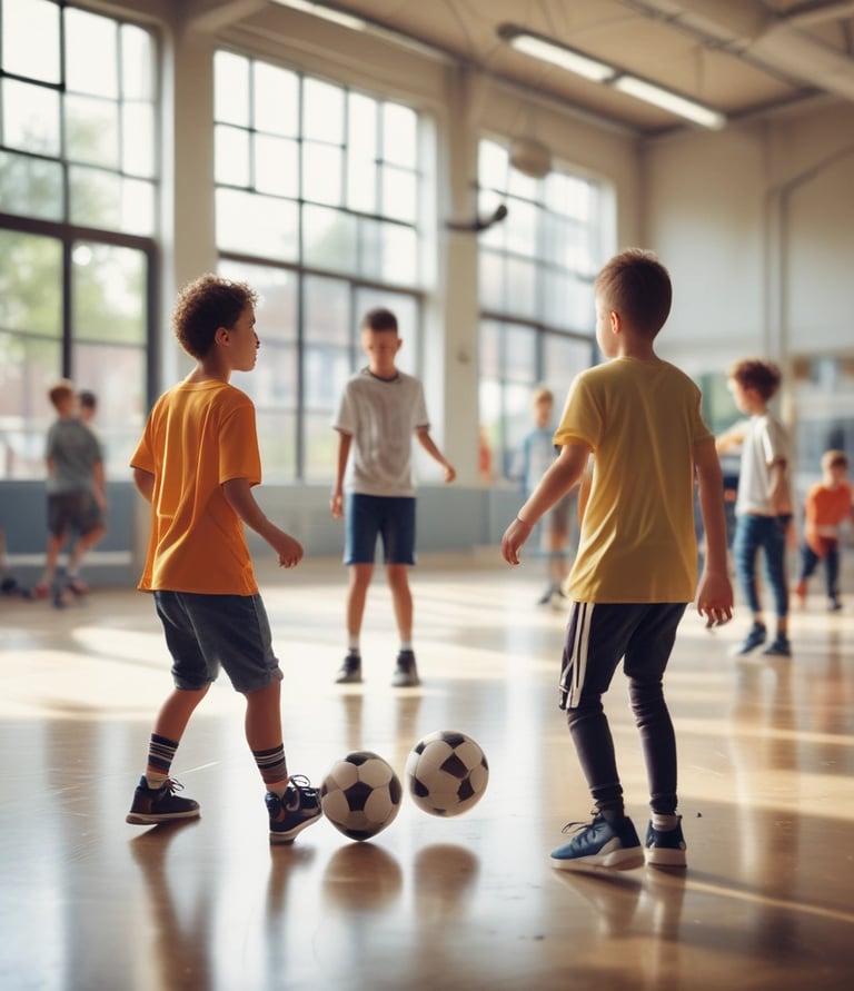 A group of African and Middle Eastern boys and girls, some wearing hijabs, laughing and playing football in a bright, welcoming youth center.