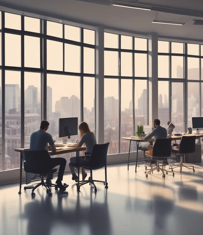 A professional project manager discussing plans with a business team in a modern office.