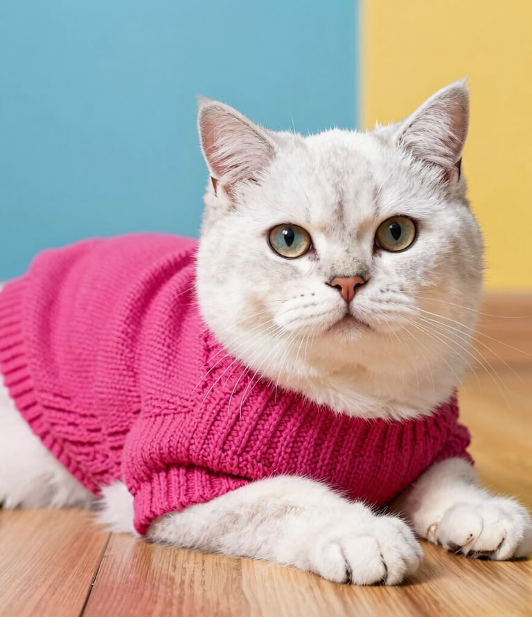 Un esponjoso gato blanco British Shorthair con un cómodo jersey rosa de punto en un suelo de madera