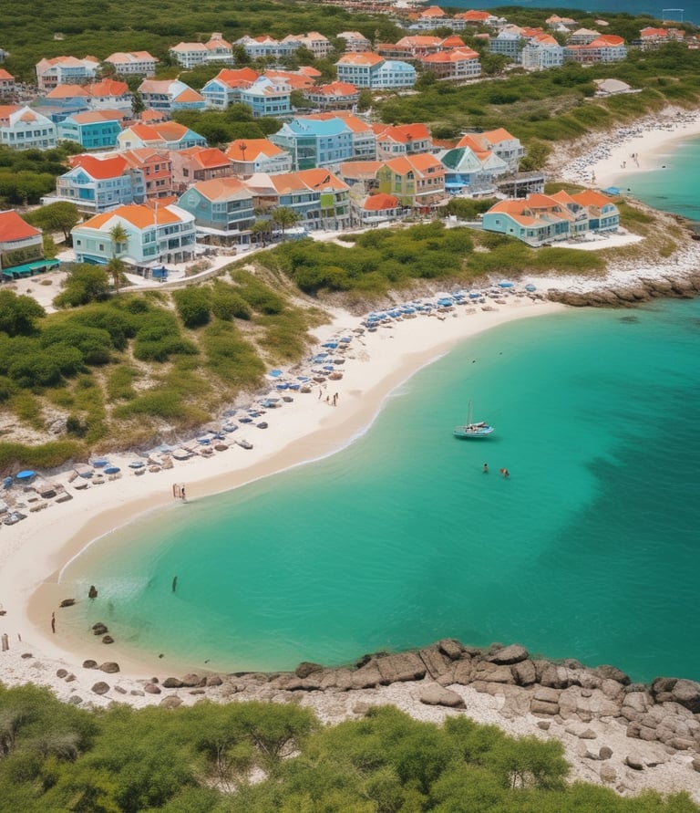 A scenic beach view with turquoise water and palm trees swaying gently
