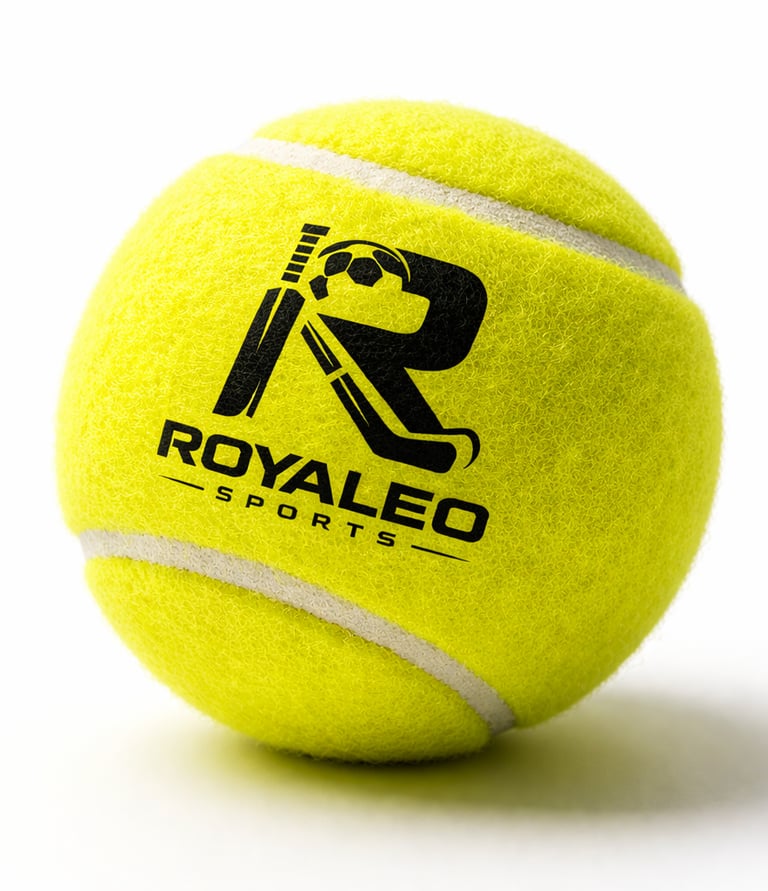 Yellow felt tennis ball with black Royaleo Sports logo featuring a cricket bat and ball.