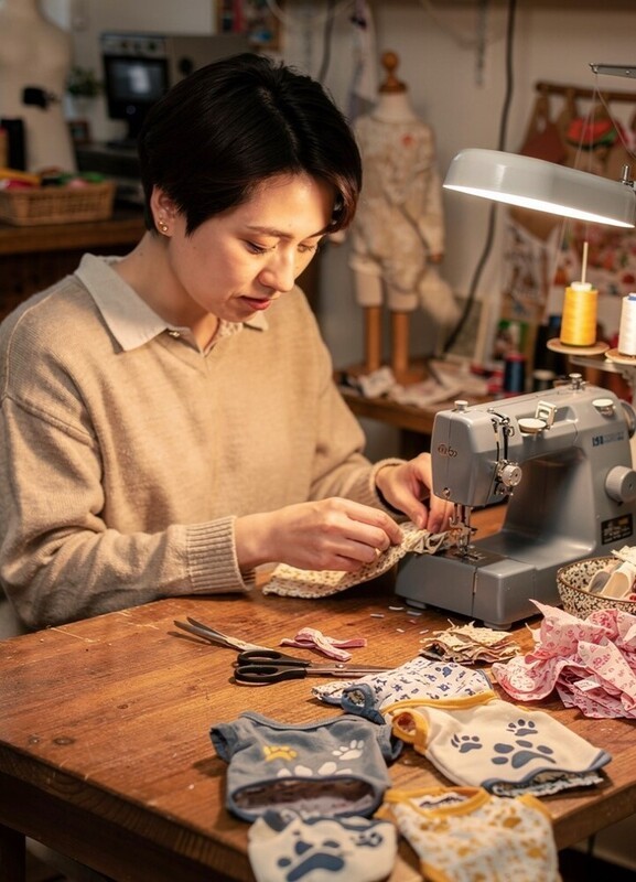 Una mujer que usa una máquina de coser antigua para crear ropa para mascotas hecha a mano 