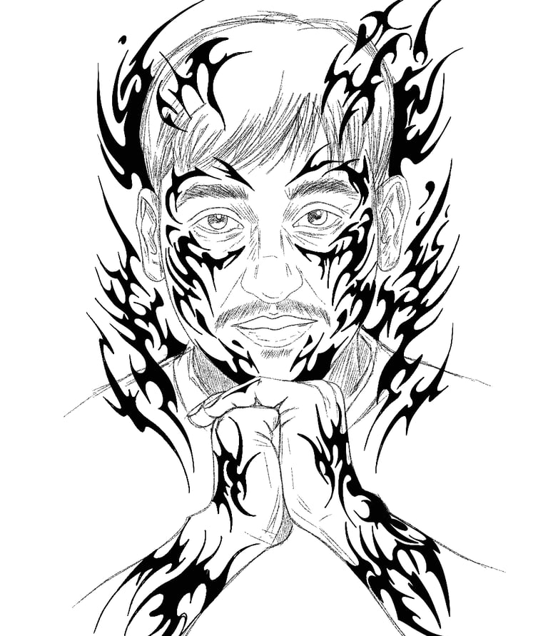 Black and white line art portrait of a man with intricate tribal flame tattoos on his face and arms.