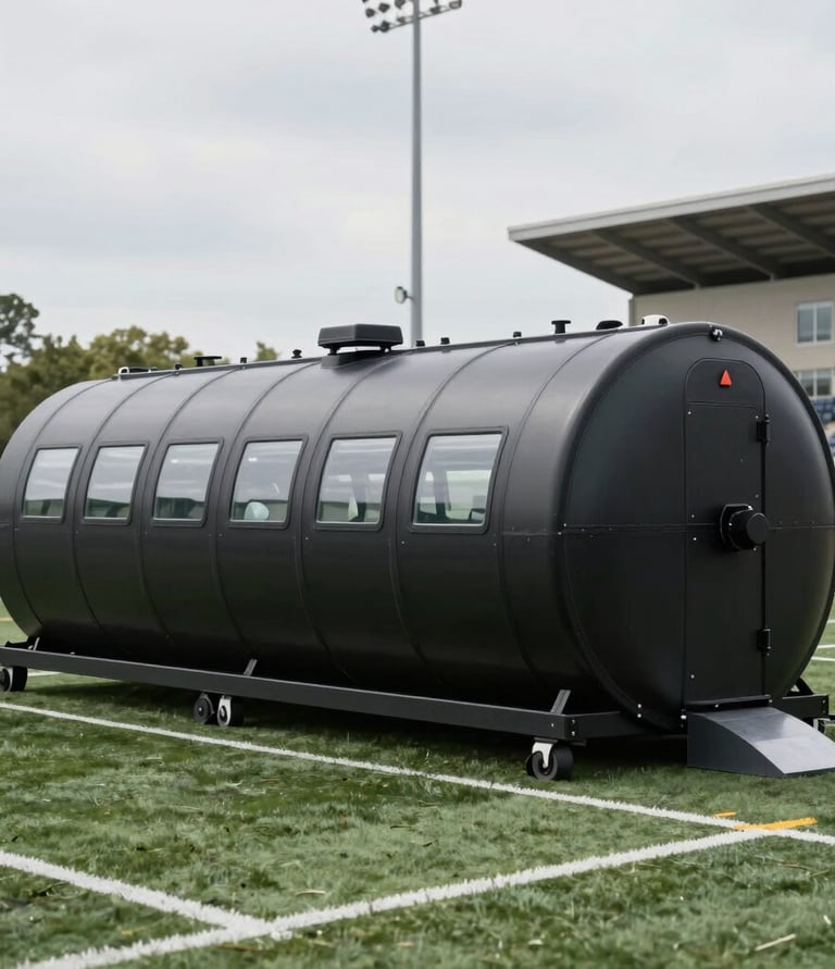 A sleek hyperbaric oxygen chamber installed inside a professional football club's training facility, bathed in natural light.