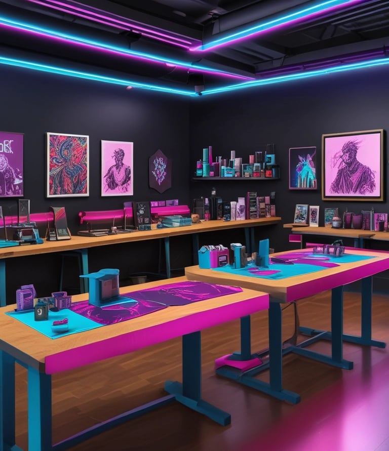 Creative workspace with digital design tools and sketches scattered around.