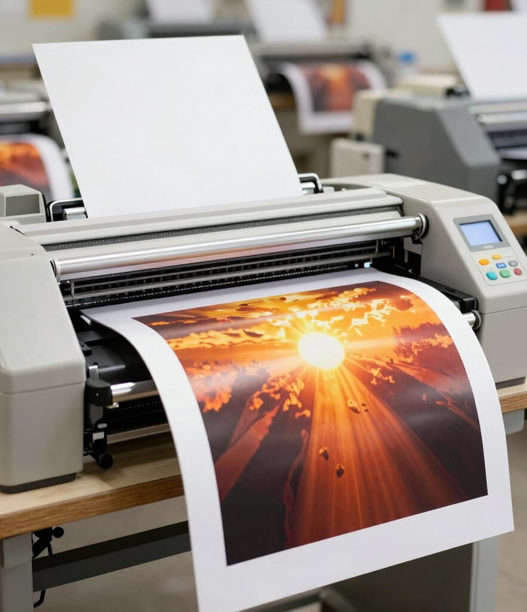 A busy print shop with large-scale signboards and billboards in progress, glowing under warm lighting.