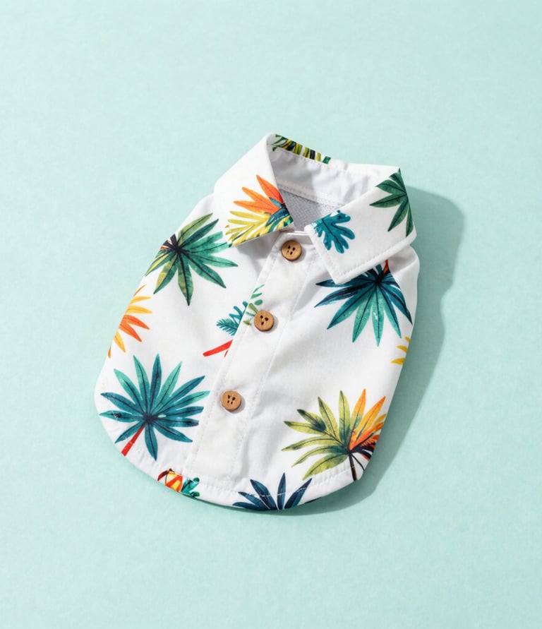 Camisa hawaiana para perro con estampado tropical de hojas de palmera coloridas y botones de madera
