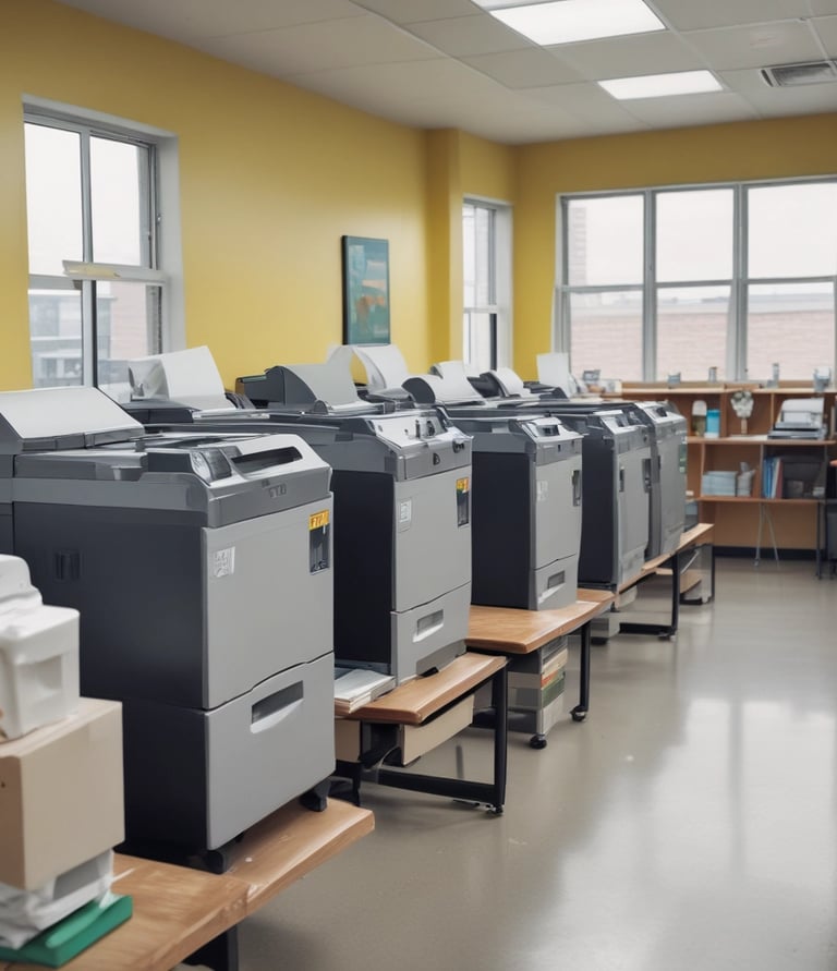 Image of colorful educational materials and office supplies neatly arranged.