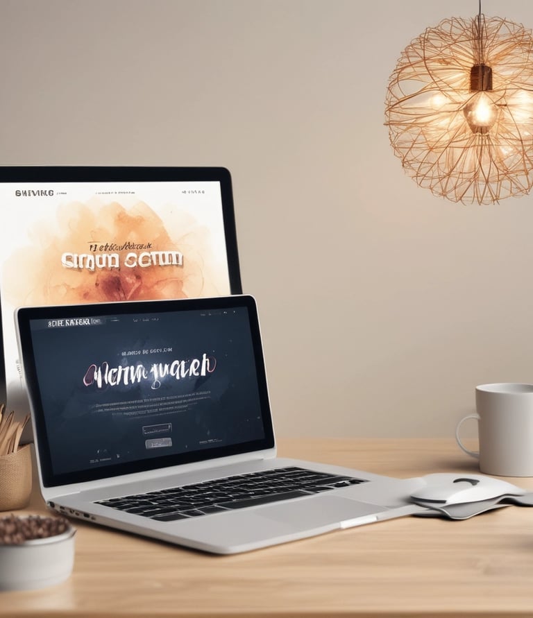 A vibrant workspace with designers collaborating over colorful website mockups.