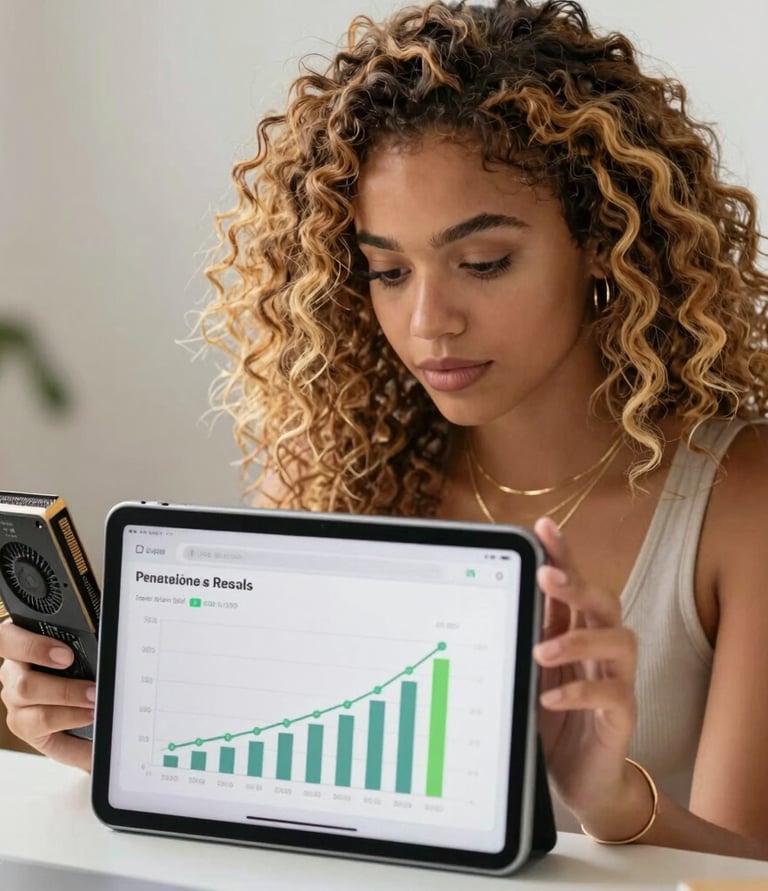 Modern workspace with a laptop showing rental income simulation charts.