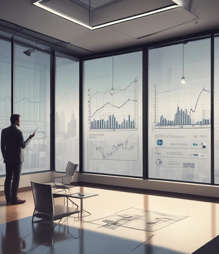 Close-up of hands organizing financial documents and charts on a wooden desk.