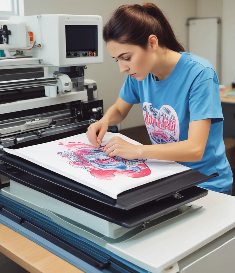 Close-up of hands printing a vibrant holiday-themed t-shirt.