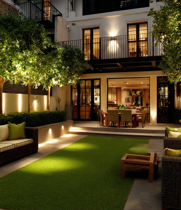 Modern luxury backyard patio with outdoor lighting, wicker furniture, and a green lawn for evening entertaining.