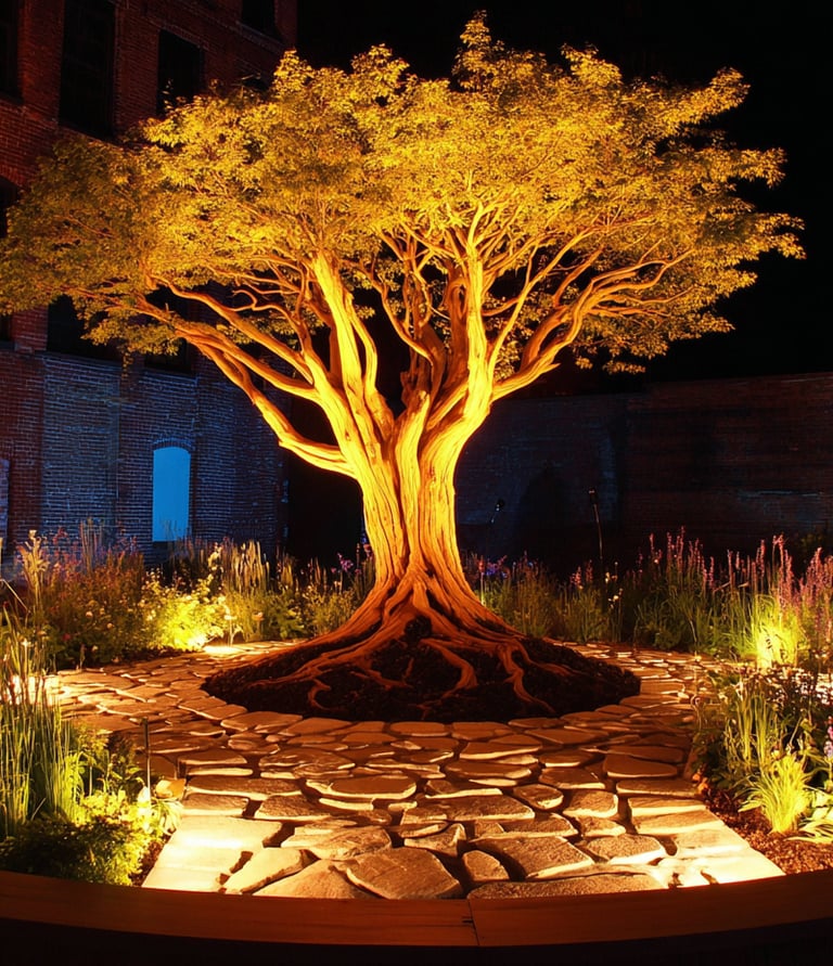 A glowing illuminated tree centerpiece in a night garden with stone pathways and surrounding flowers.