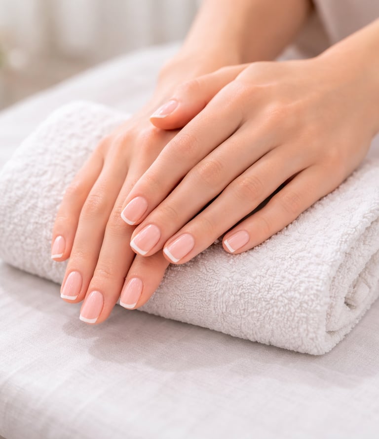 Elegant French manicure on manicured hands resting on a clean white spa towel.