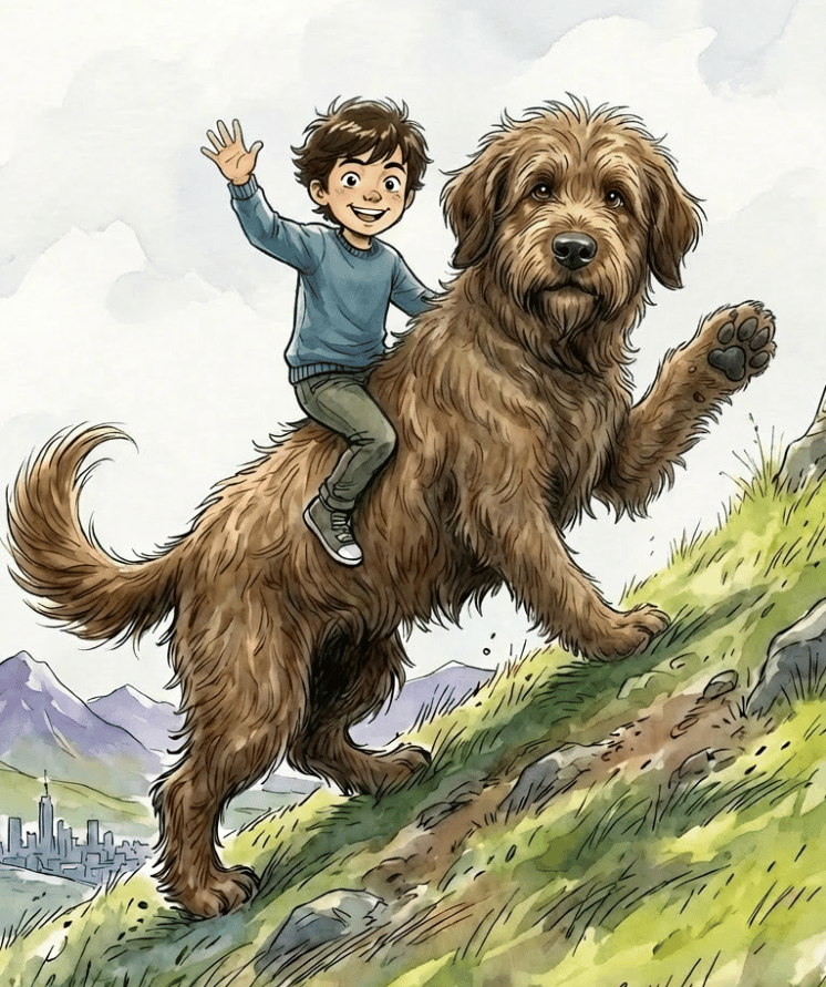 Finn climbing a mountain in The Brown Dog of the Green Glen, a Scottish children's picture book