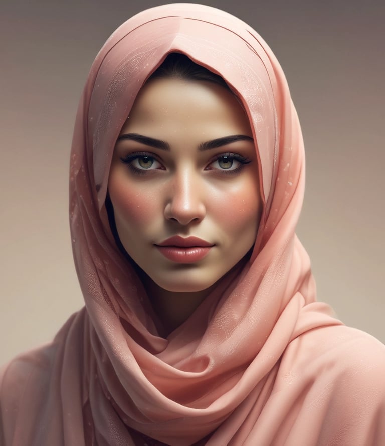 A Muslim woman wearing a peach-colored hijab veil with elegant eye makeup and long lashes.