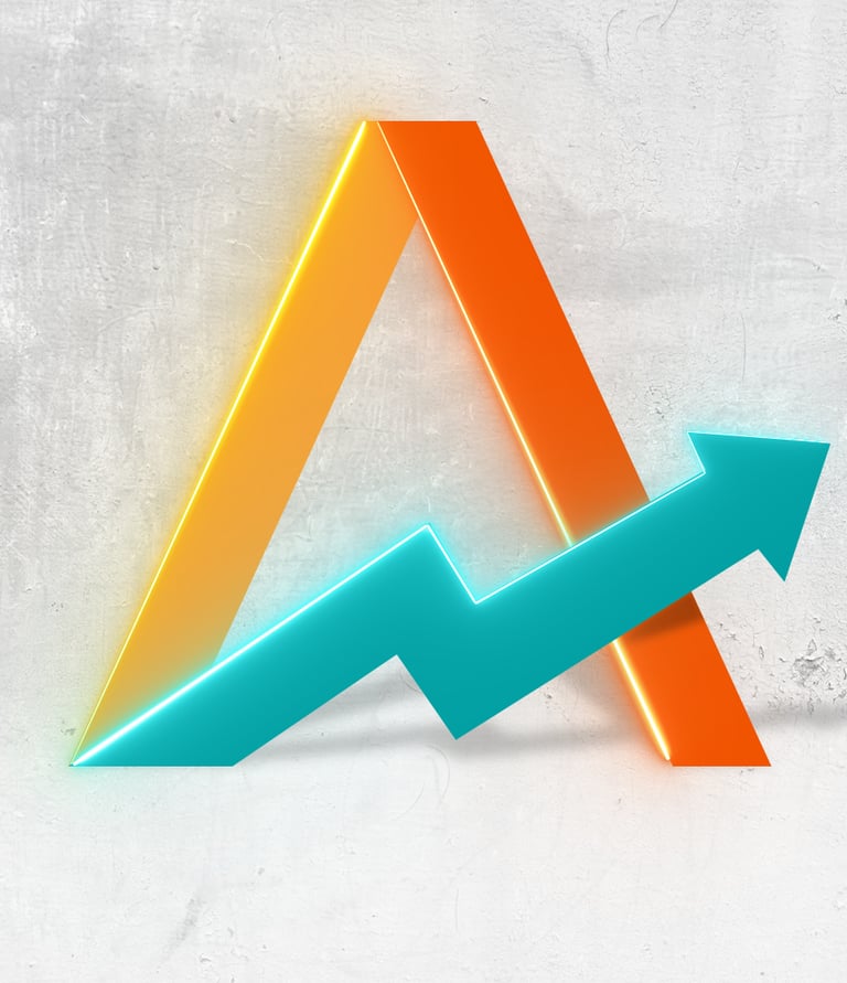 A 3D orange letter A logo with a blue upward-pointing growth arrow on a gray concrete background.