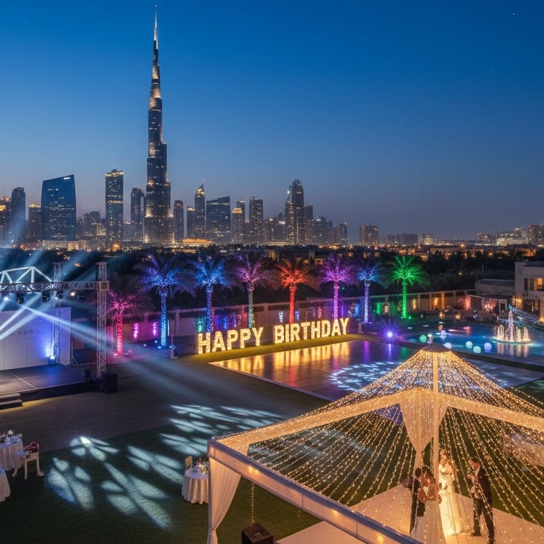 Luxury outdoor birthday party in Dubai featuring a stage, neon signs, and Burj Khalifa skyline views.