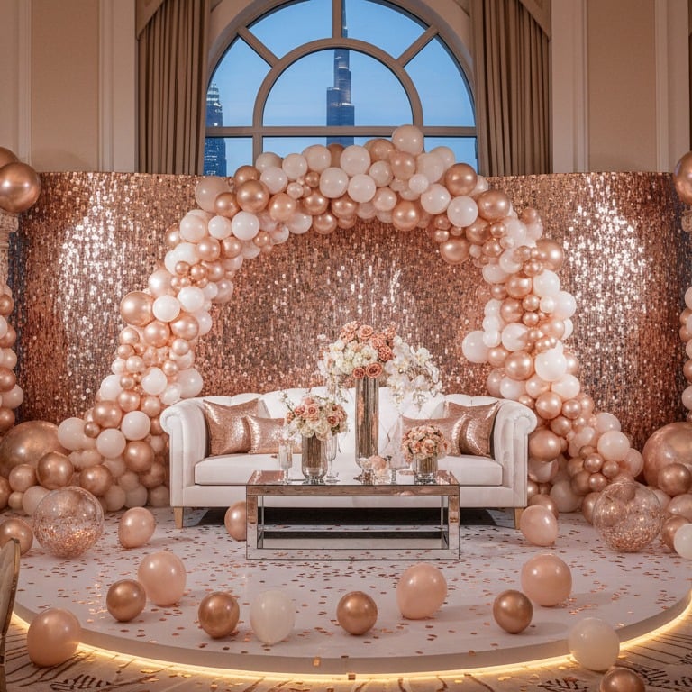 Elegant rose gold balloon arch and sequin backdrop for a luxury Dubai event with Burj Khalifa views.
