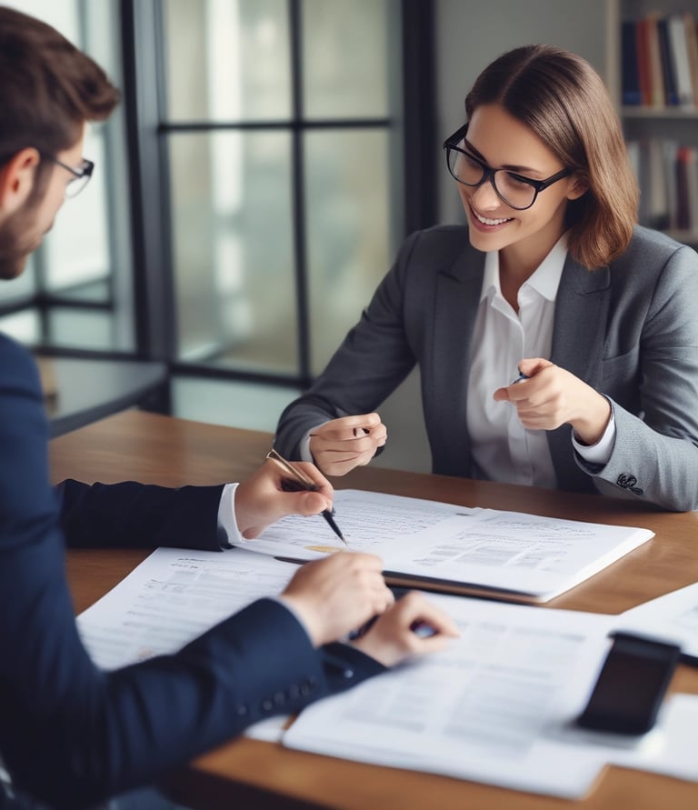 A professional consultant discussing tax strategies with clients in a modern office.