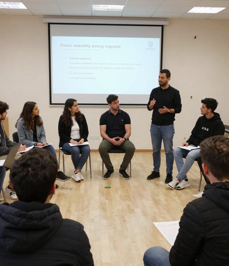 A workshop scene with diverse participants discussing conflict resolution strategies around a table.
