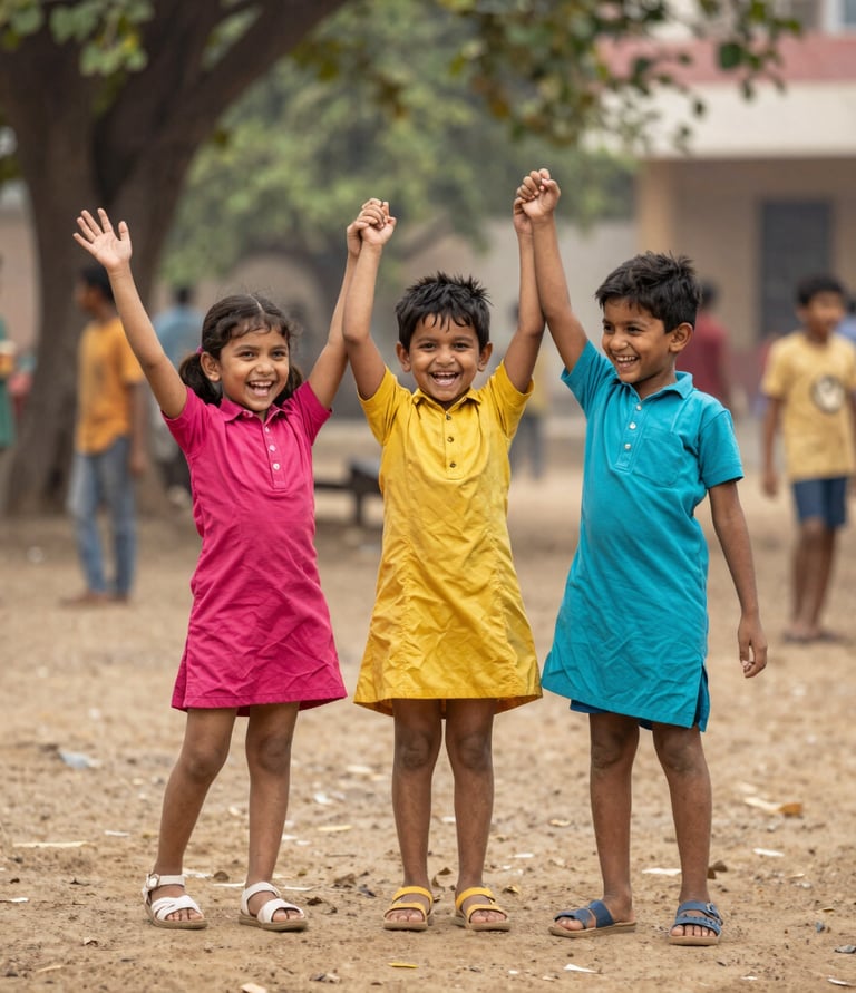 A group of volunteers warmly engaging with children in a rural Indian village.
